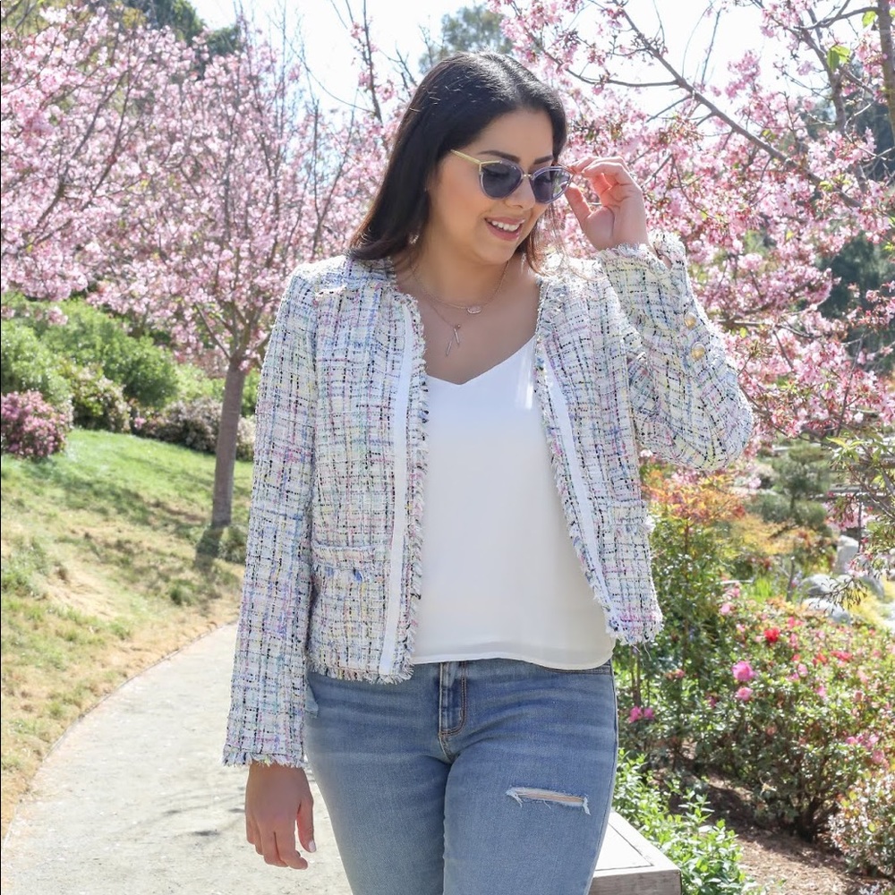 Worthington White with Pastel colors Tweed-style Blazer with gold buttons
